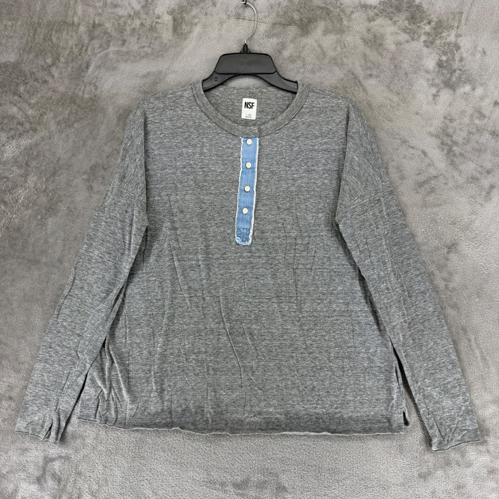 NSF Henley Top Womens M Slouchy Heather Gray Frayed Denim Placket EUC